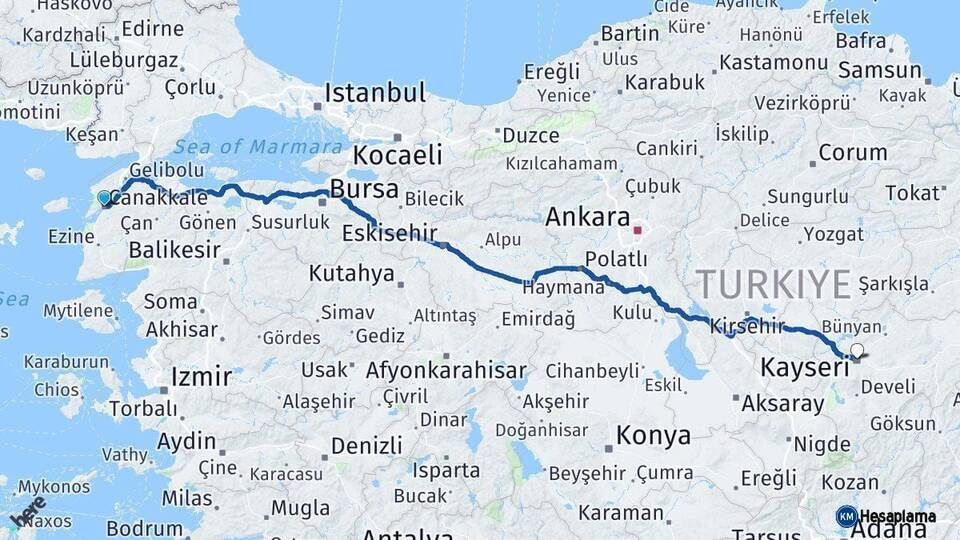 Çanakkale Kayseri Arası Kaç Km - Yol Haritası