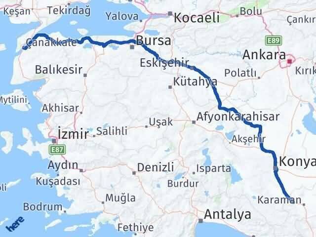 Çanakkale Kazımkarabekir Karaman Arası Kaç Km - Yol Haritası