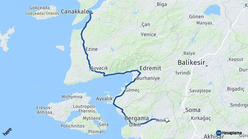 Çanakkale Kınık İzmir Arası Kaç Km - Yol Haritası