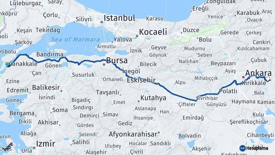 Çanakkale Kırıkkale Arası Kaç Km - Yol Haritası