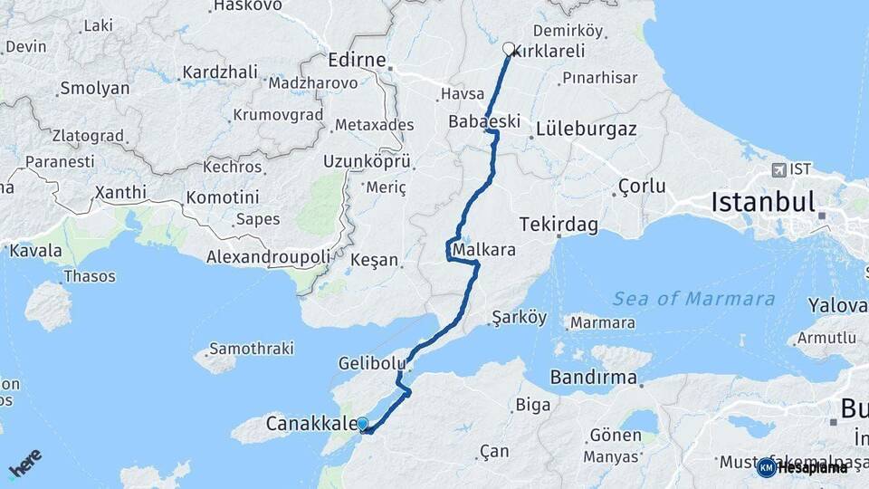 Çanakkale Kırklareli Arası Kaç Km - Yol Haritası