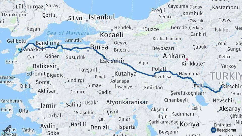 Çanakkale Kırşehir Arası Kaç Km - Yol Haritası