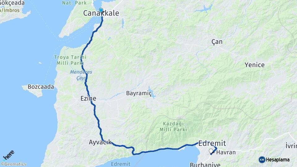 Çanakkale Koca Seyit Havalimanı Arası Kaç Km - Yol Haritası