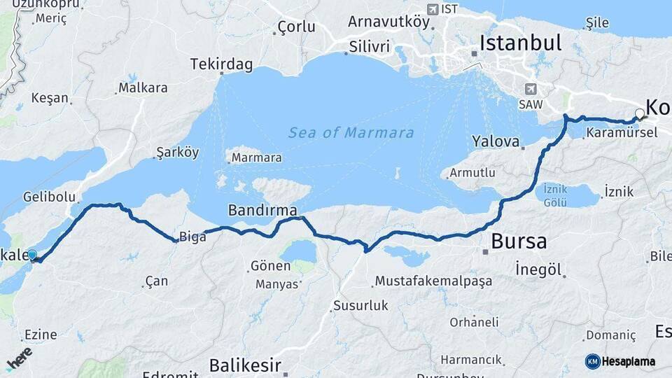 Çanakkale Kocaeli Arası Kaç Km - Yol Haritası
