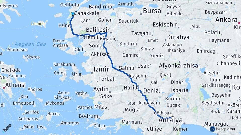 Çanakkale Korkuteli Antalya Arası Kaç Km - Yol Haritası