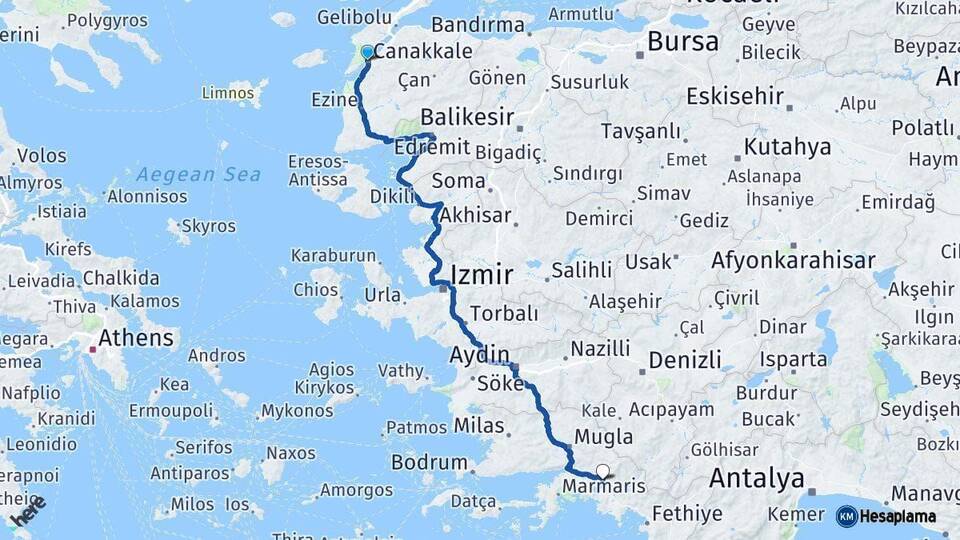 Çanakkale Köyceğiz Muğla Arası Kaç Km - Yol Haritası
