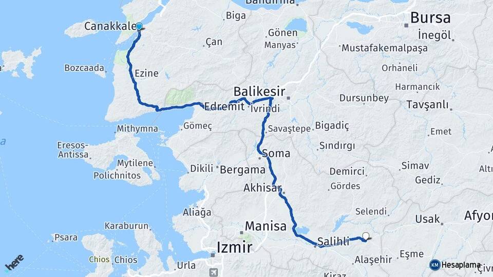 Çanakkale Kula Manisa Arası Kaç Km - Yol Haritası