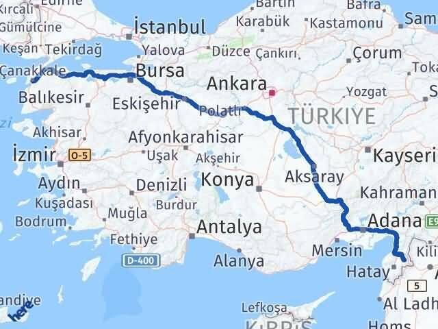 Çanakkale Kumlu Hatay Arası Kaç Km - Yol Haritası