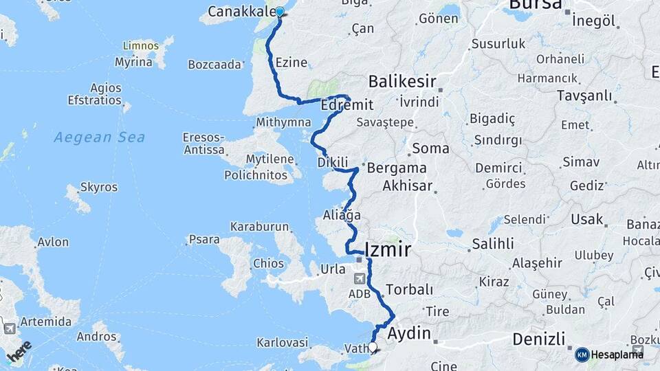 Çanakkale Kuşadası Aydın Arası Kaç Km - Yol Haritası