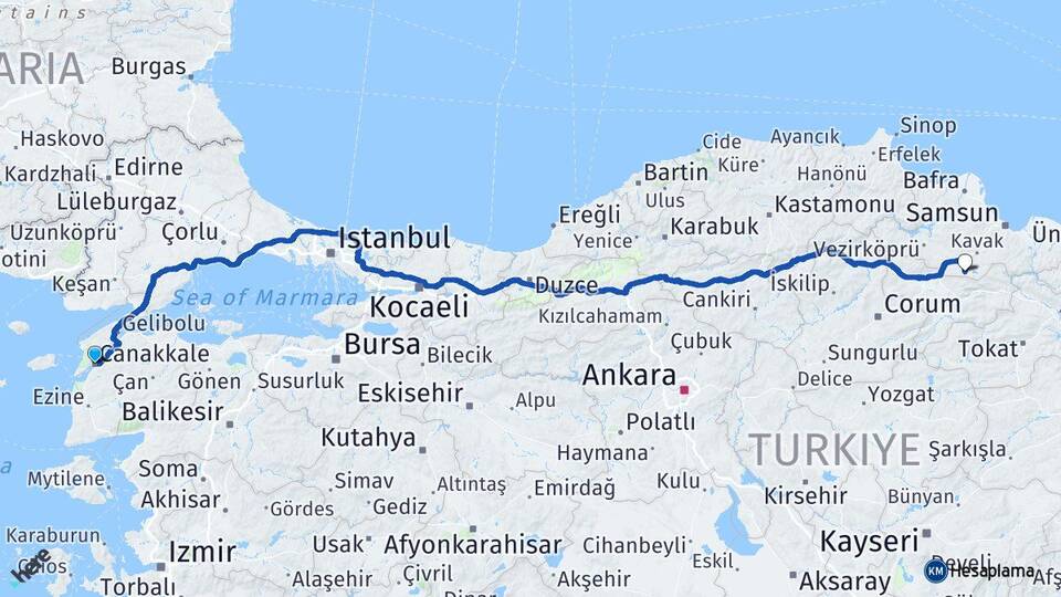 Çanakkale Ladik Samsun Arası Kaç Km - Yol Haritası