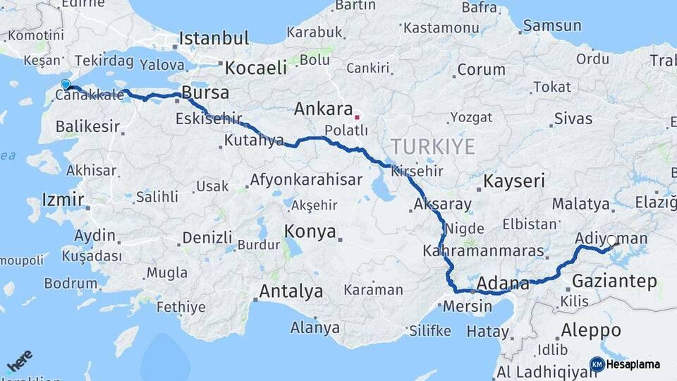 Çanakkale Lapseki Adıyaman Arası Kaç Km - Yol Haritası