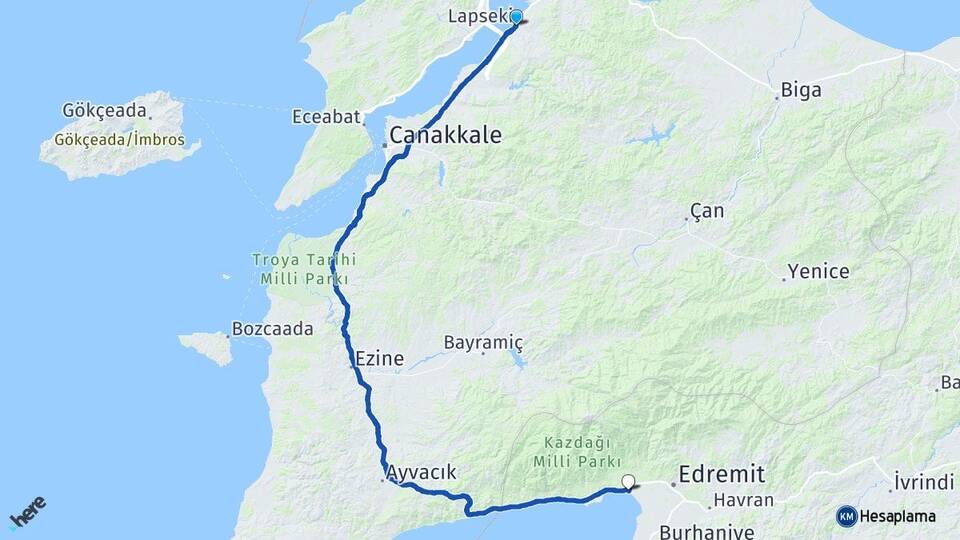 Çanakkale Lapseki Akçay Edremit Balıkesir Arası Kaç Km - Yol Haritası