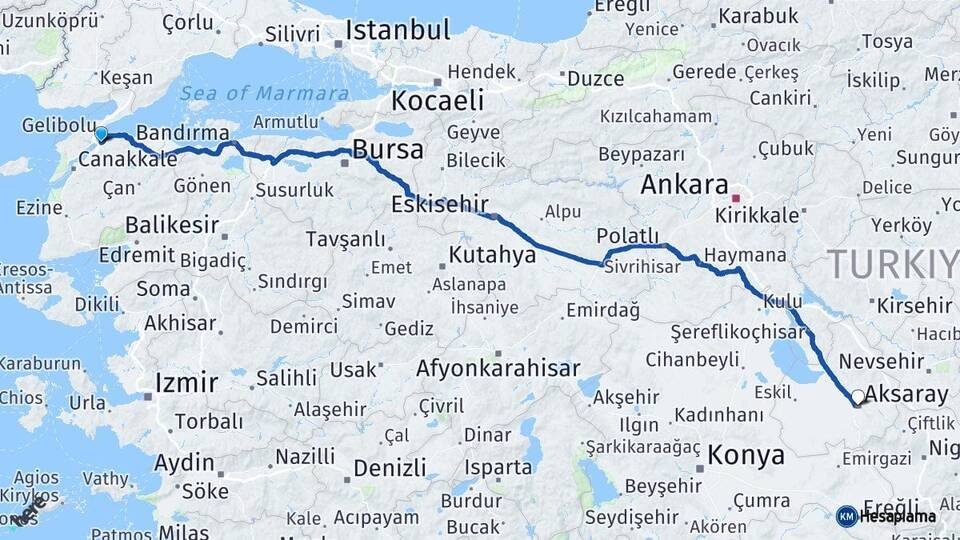 Çanakkale Lapseki Aksaray Arası Kaç Km - Yol Haritası