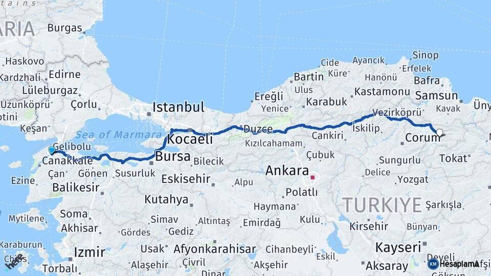 Çanakkale Lapseki Amasya Arası Kaç Km - Yol Haritası