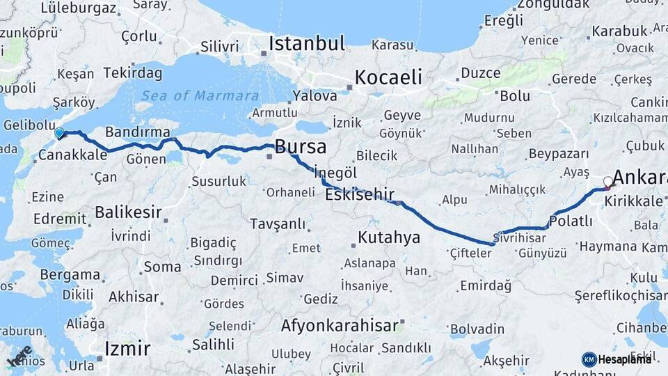 Çanakkale Lapseki Ankara Arası Kaç Km - Yol Haritası