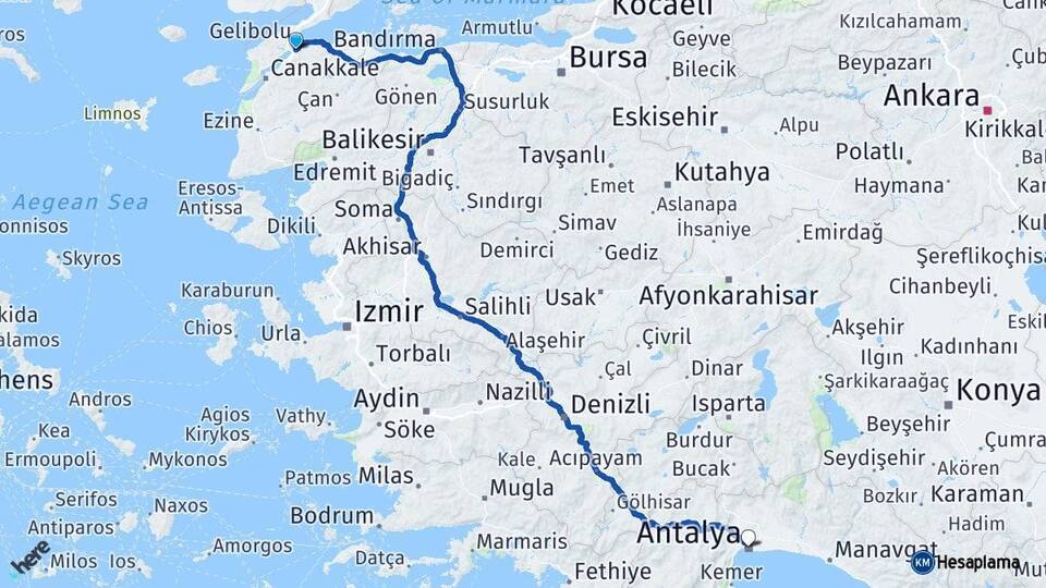 Çanakkale Lapseki Antalya Arası Kaç Km - Yol Haritası