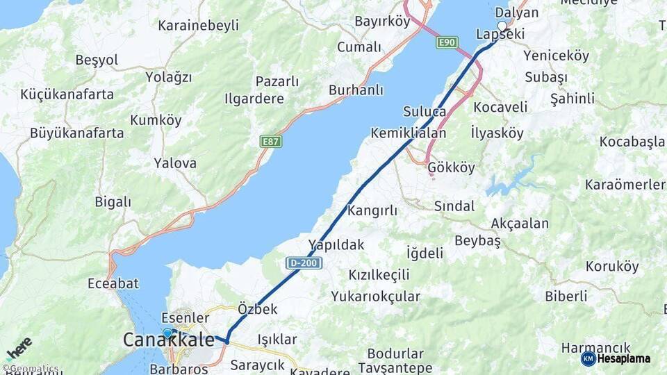Çanakkale Lapseki Arası Kaç Km - Yol Haritası