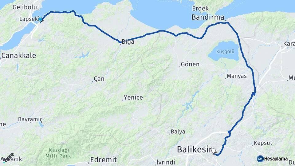 Çanakkale Lapseki Balıkesir Arası Kaç Km - Yol Haritası