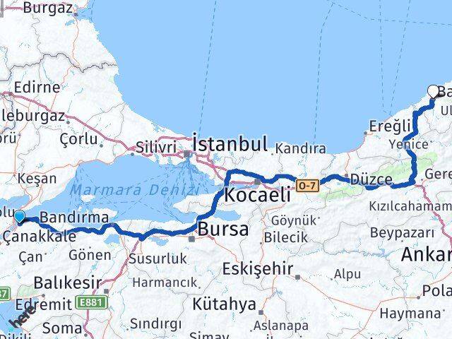 Çanakkale Lapseki Bartın Arası Kaç Km - Yol Haritası