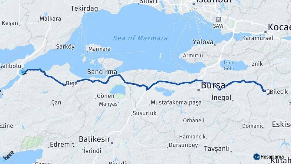 Çanakkale Lapseki Bilecik Arası Kaç Km - Yol Haritası