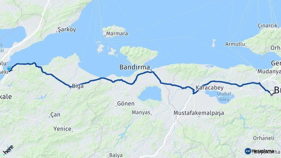 Çanakkale Lapseki Bursa Arası Kaç Km - Yol Haritası