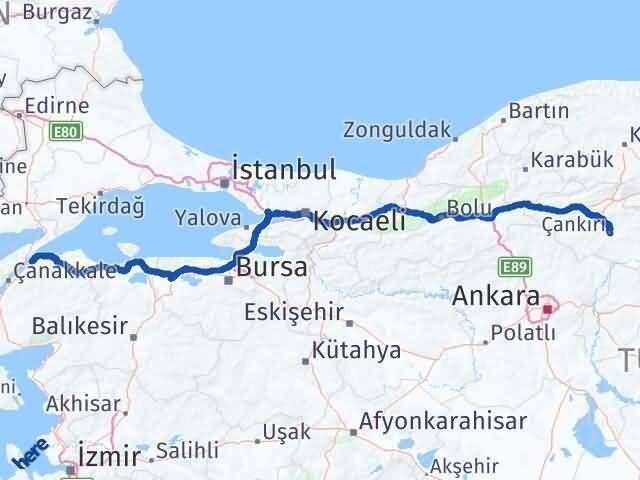 Çanakkale Lapseki Çankırı Arası Kaç Km - Yol Haritası