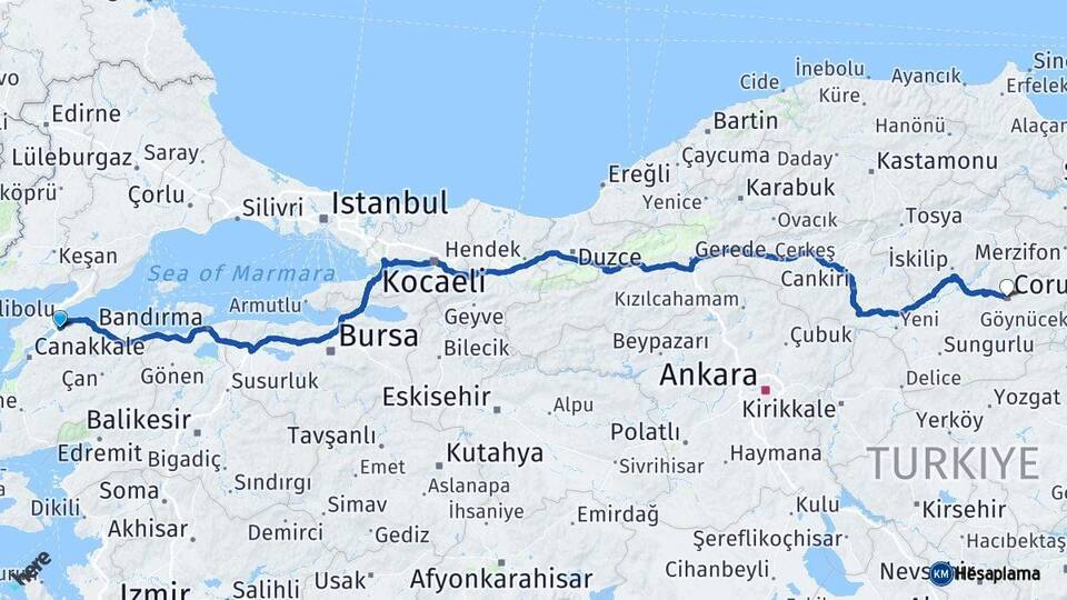 Çanakkale Lapseki Çorum Arası Kaç Km - Yol Haritası