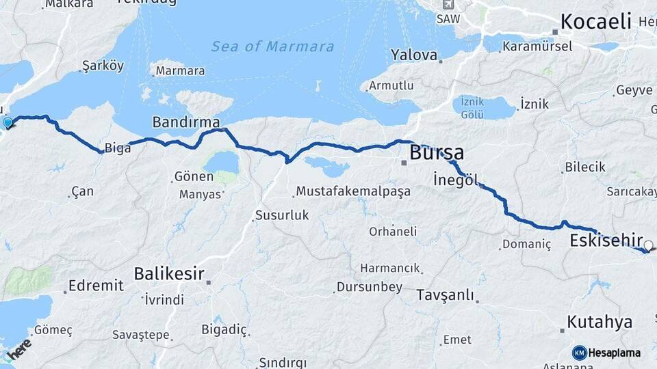 Çanakkale Lapseki Eskişehir Arası Kaç Km - Yol Haritası