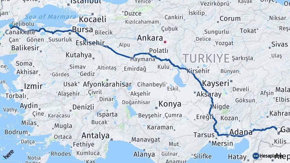 Çanakkale Lapseki Gaziantep Arası Kaç Km - Yol Haritası
