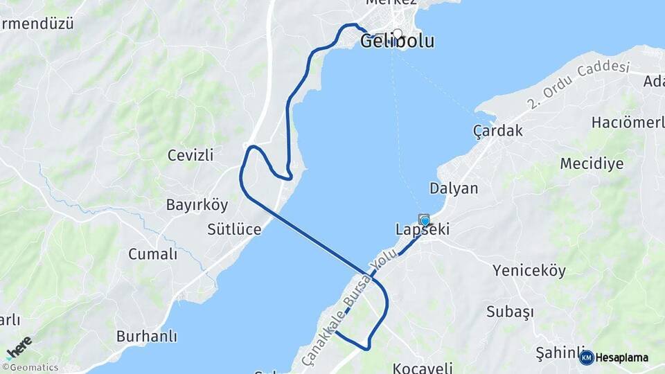 Çanakkale Lapseki Gelibolu Arası Kaç Km - Yol Haritası