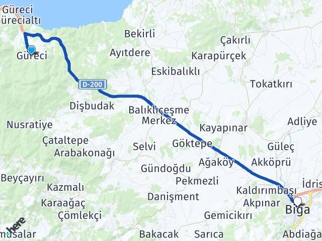 Çanakkale Lapseki Güreci Biga Arası Kaç Km - Yol Haritası