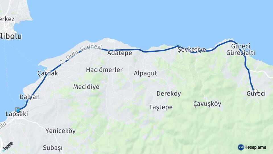 Çanakkale Lapseki Güreci Lapseki Arası Kaç Km - Yol Haritası