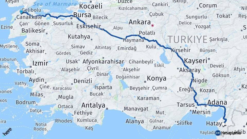 Çanakkale Lapseki Hatay Arası Kaç Km - Yol Haritası