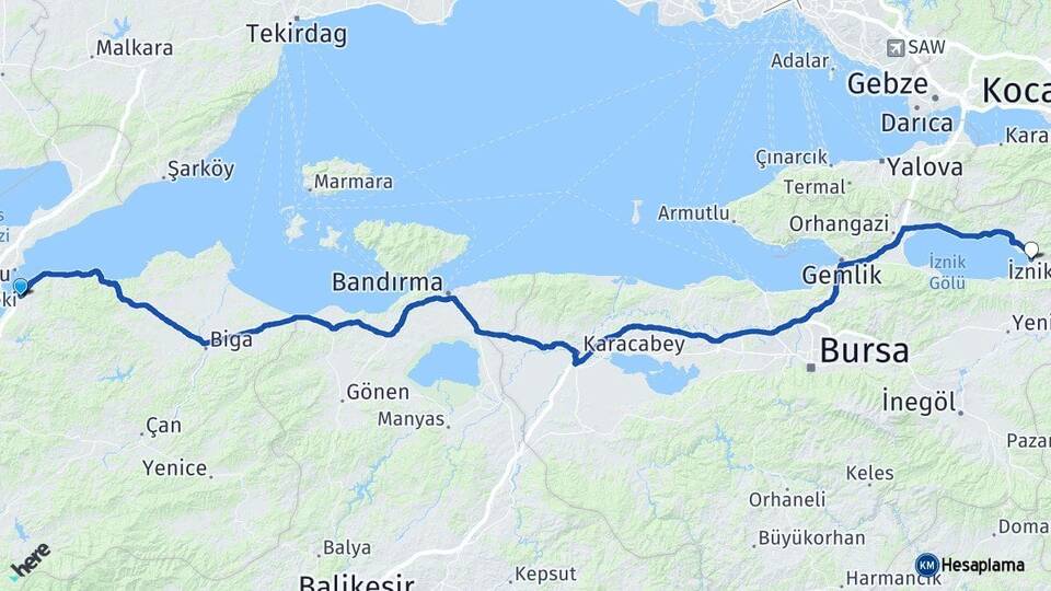 Çanakkale Lapseki İznik Bursa Arası Kaç Km - Yol Haritası