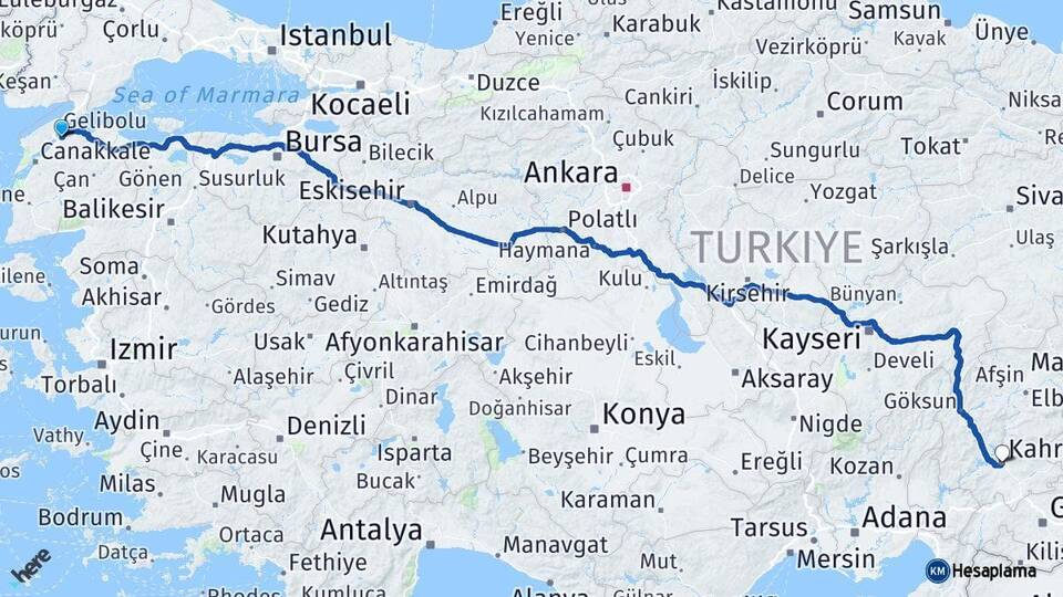 Çanakkale Lapseki Kahramanmaraş Arası Kaç Km - Yol Haritası