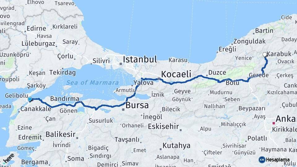 Çanakkale Lapseki Karabük Arası Kaç Km - Yol Haritası