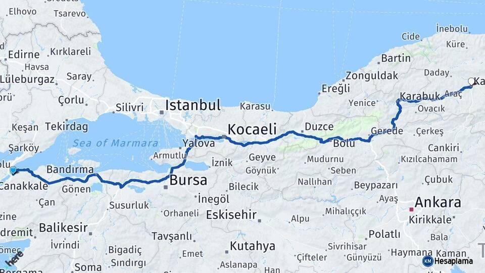 Çanakkale Lapseki Kastamonu Arası Kaç Km - Yol Haritası