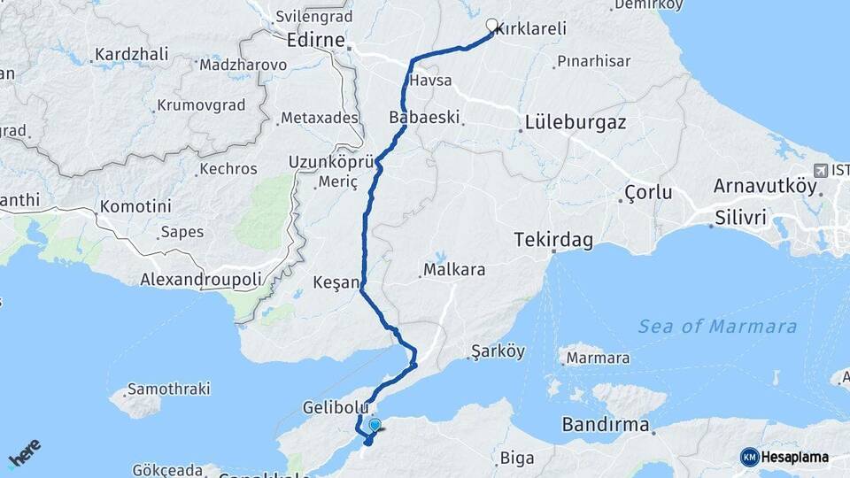 Çanakkale Lapseki Kırklareli Arası Kaç Km - Yol Haritası