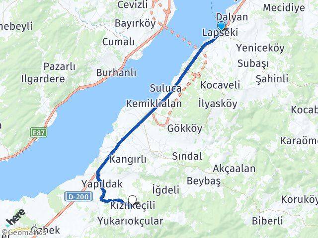 Çanakkale Lapseki Kızılkeçili Arası Kaç Km - Yol Haritası