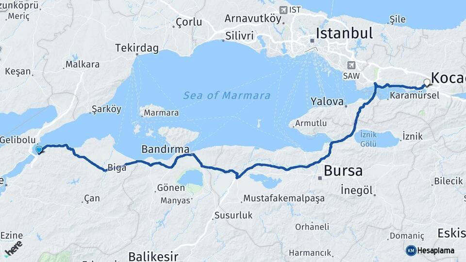 Çanakkale Lapseki Kocaeli Arası Kaç Km - Yol Haritası