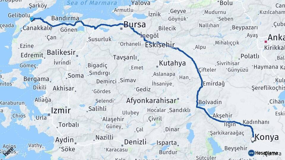 Çanakkale Lapseki Konya Arası Kaç Km - Yol Haritası