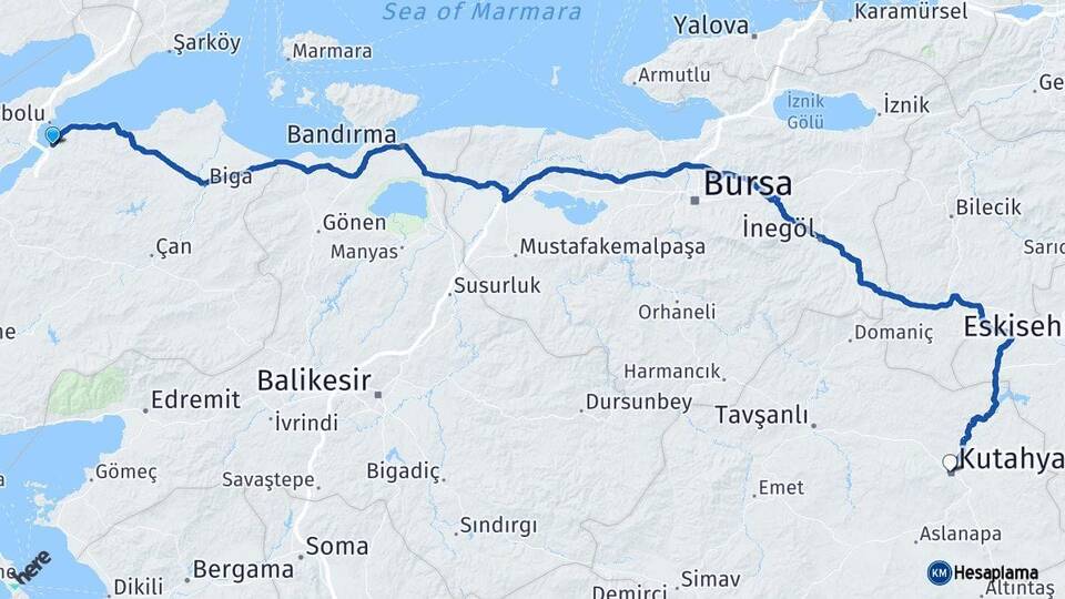 Çanakkale Lapseki Kütahya Arası Kaç Km - Yol Haritası