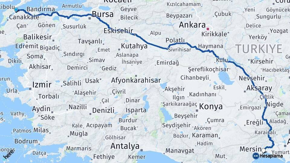 Çanakkale Lapseki Mersin Arası Kaç Km - Yol Haritası