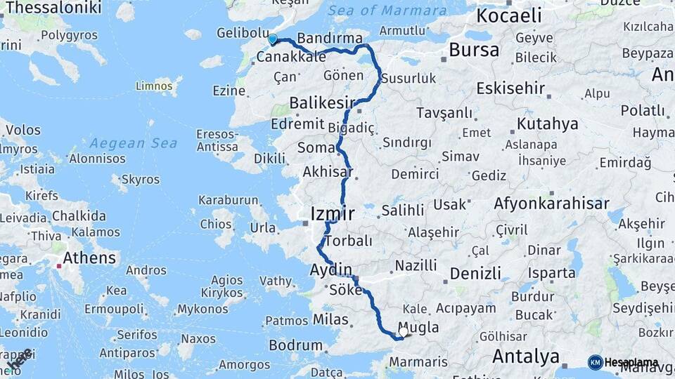 Çanakkale Lapseki Muğla Arası Kaç Km - Yol Haritası
