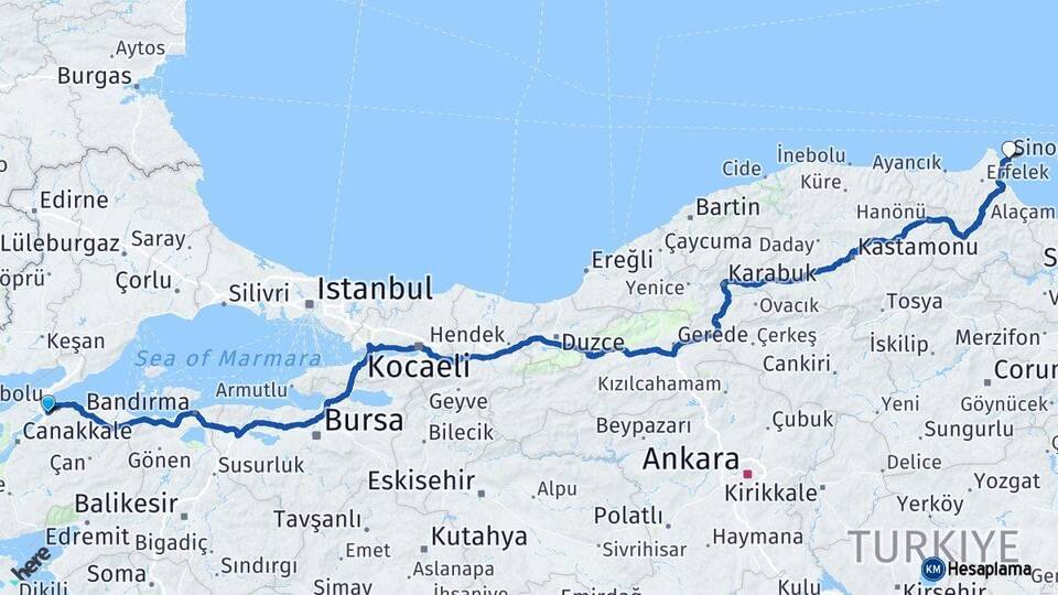 Çanakkale Lapseki Sinop Arası Kaç Km - Yol Haritası