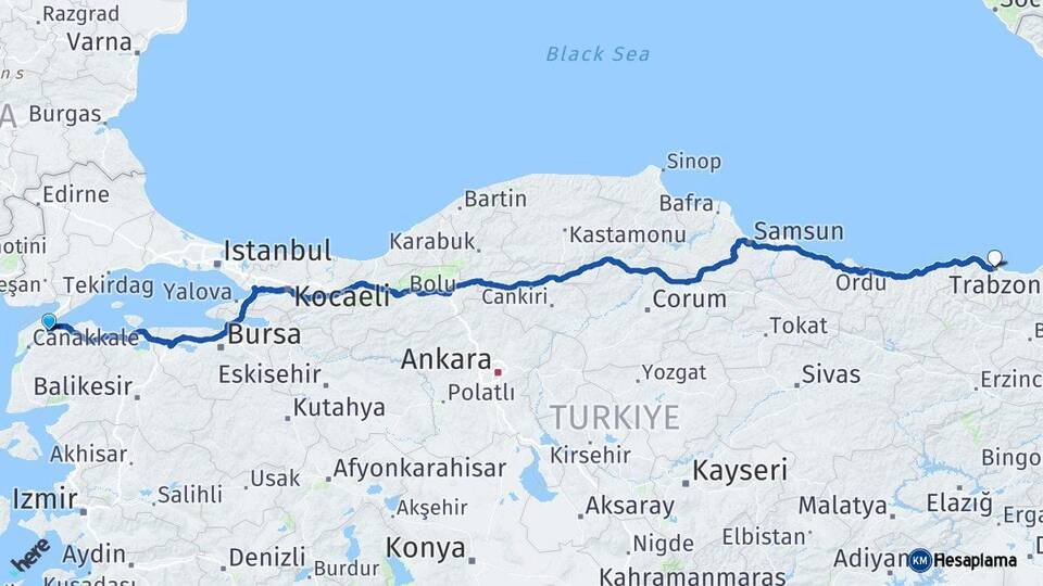 Çanakkale Lapseki Trabzon Arası Kaç Km - Yol Haritası
