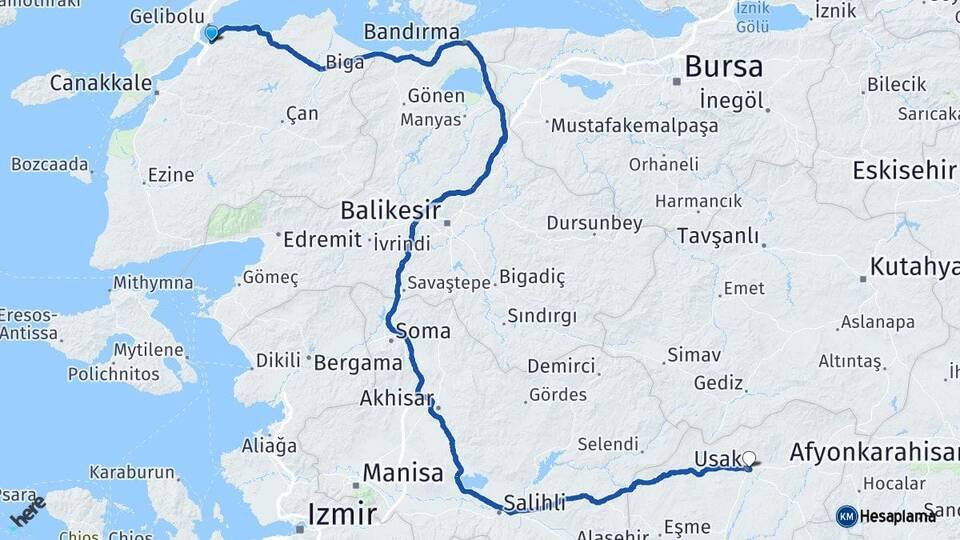 Çanakkale Lapseki Uşak Arası Kaç Km - Yol Haritası