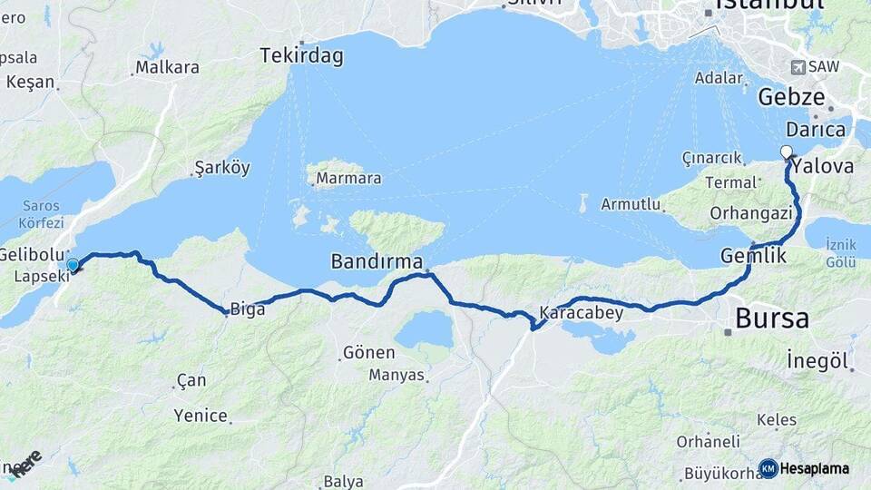 Çanakkale Lapseki Yalova Arası Kaç Km - Yol Haritası