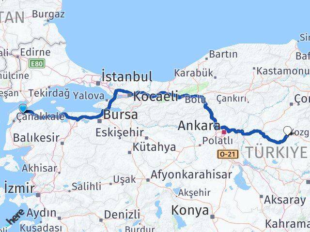 Çanakkale Lapseki Yozgat Arası Kaç Km - Yol Haritası