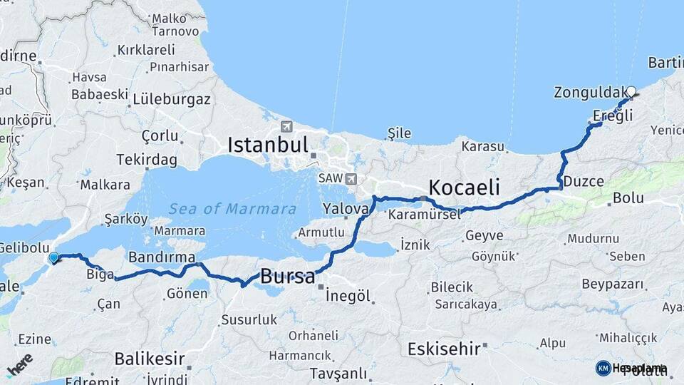 Çanakkale Lapseki Zonguldak Arası Kaç Km - Yol Haritası